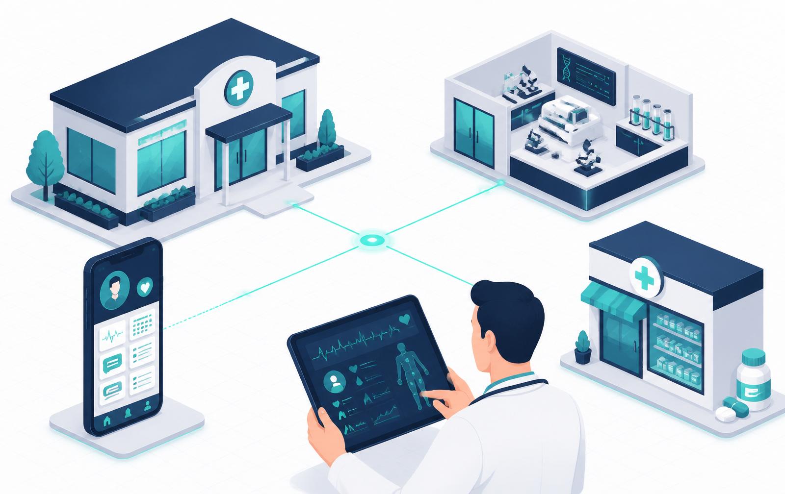 Isometric illustration of connected clinic, lab, pharmacy and patient app